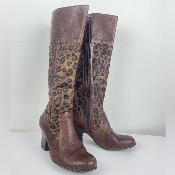 BORN CROWN W9453 LEATHER LEOPARD PRINT PONY HAIR KNEE HIGH BOOTS